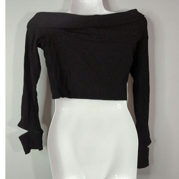 LNA Una Top Black Tencel Blend Ribbed Long Sleeve Wide Neck Cropped Top Size M - Picture 6 of 10